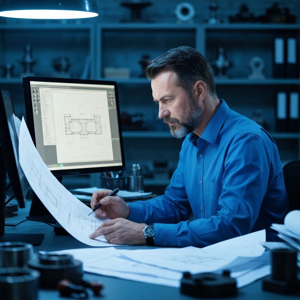 Engenheiro analisando desenho técnico